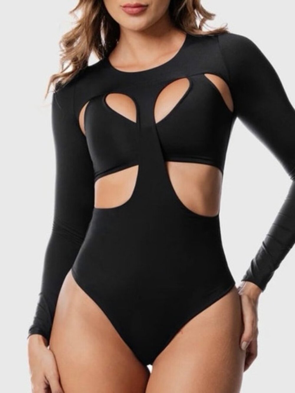 Naked Wardrobe Black Cutout Bodysuit XS Long Sleeve High Neck Top